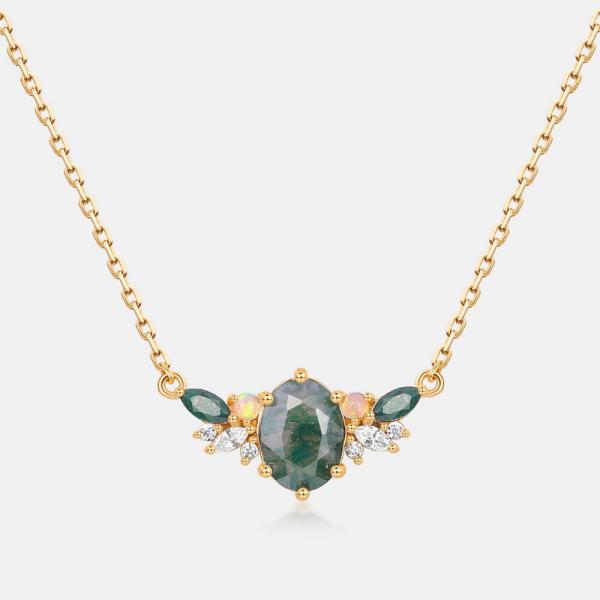 Green Stone Floral Gold Pendant Necklace