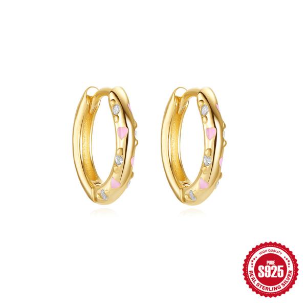 Gold-Finish Pink Heart Huggie Earrings
