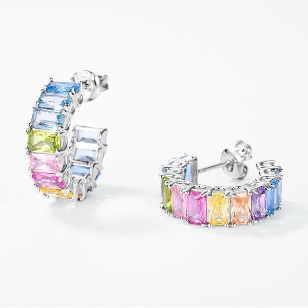 Multicolor Gemstone Silver Hoop Earrings