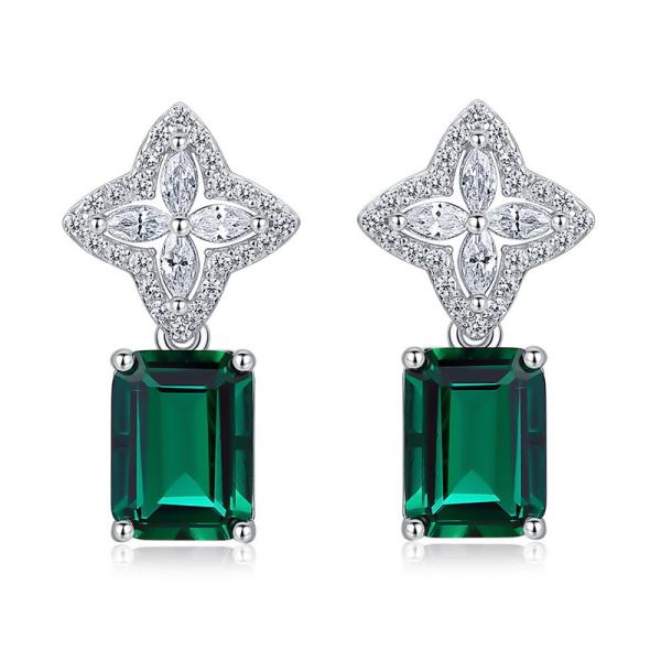 Emerald Green Geometric Silver Drop Earrings