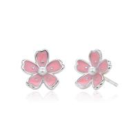 Pink Enamel Floral Pearl Stud Earrings