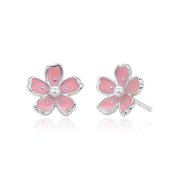 Pink Enamel Floral Pearl Stud Earrings
