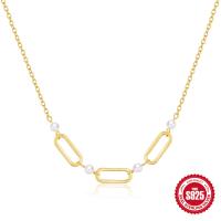 Gold-Plated Geometric Link Necklace with Pearls