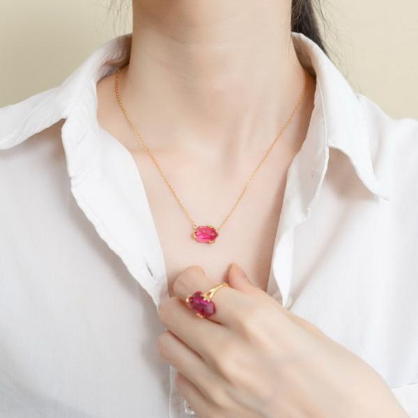 Pink Glass Gold Pendant Necklace
