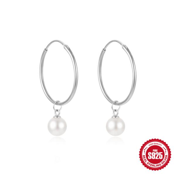 925 Silver Pearl Drop Hoop Earrings
