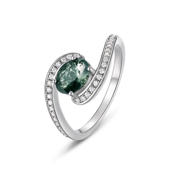 Sterling Silver Green Stone Pavé Ring