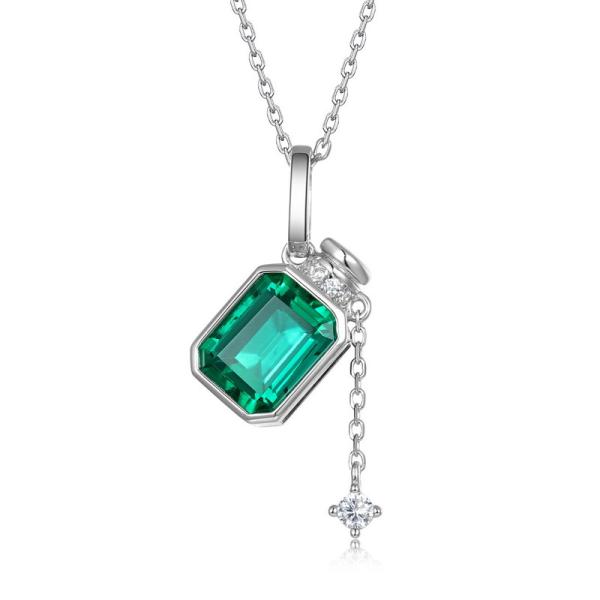 Silver Emerald Bezel Pendant Necklace