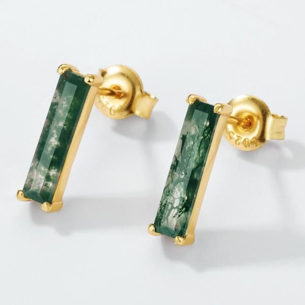 Gold Prong Green Bar Stud Earrings