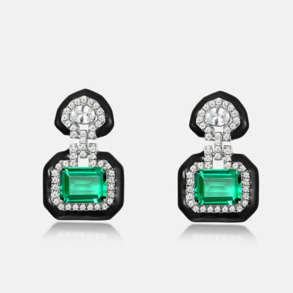 Emerald Black Enamel Dangle Earrings