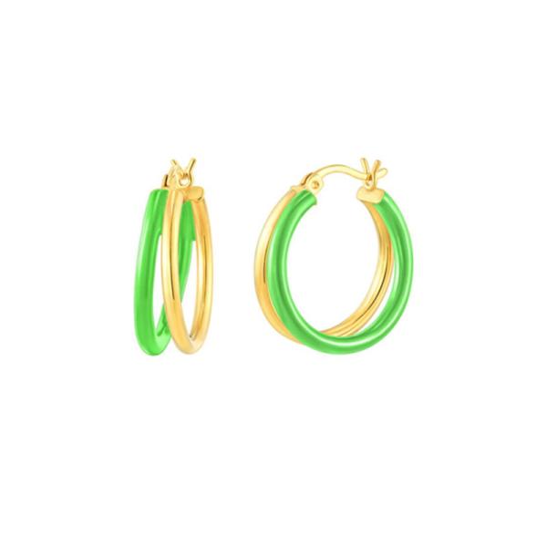 Gold and Green Enamel Medium Hoop Earrings