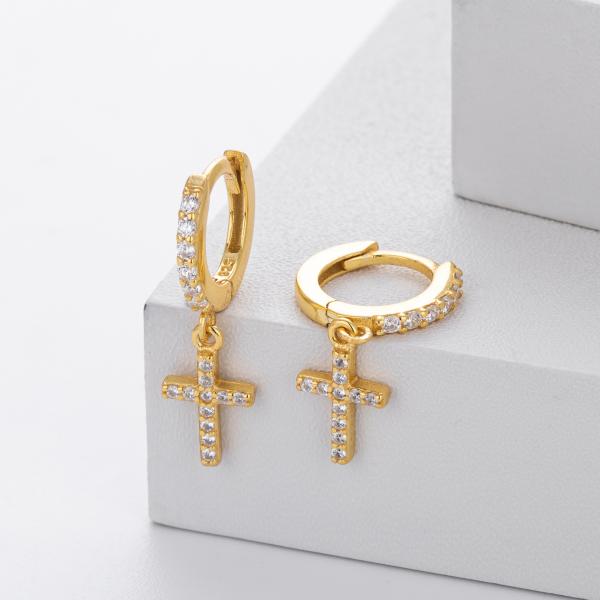 Gold Cross Charm Huggie Earrings