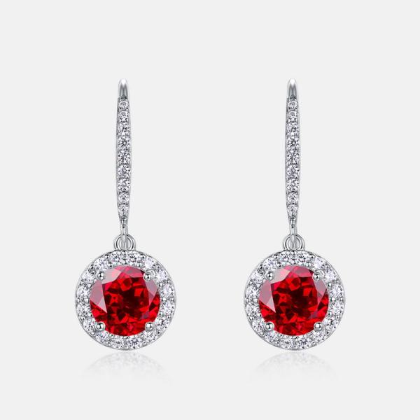 925 Silver Halo Red Stone Drop Earrings