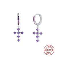 925 Silver Cross Dangle Earrings with Purple Stones