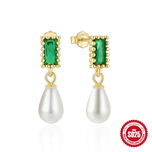 Gold-Plated Green Stone & Pearl Drop Earrings
