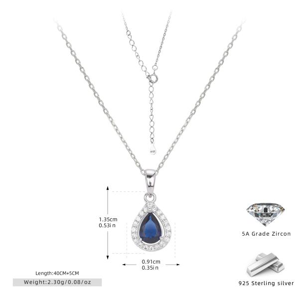 Silver Blue Zircon Halo Pendant Necklace