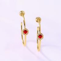 Gold Red Crystal Medium Hoop Earrings