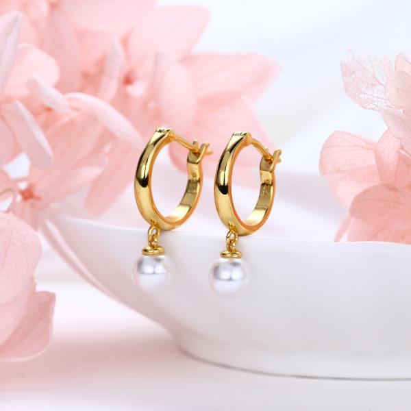 Gold-Plated Pearl Dangle Hoop Earrings