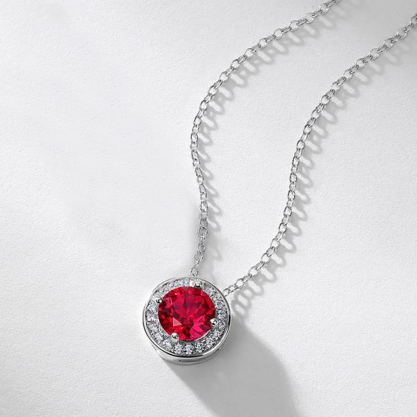 Silver Halo Ruby Pendant Necklace