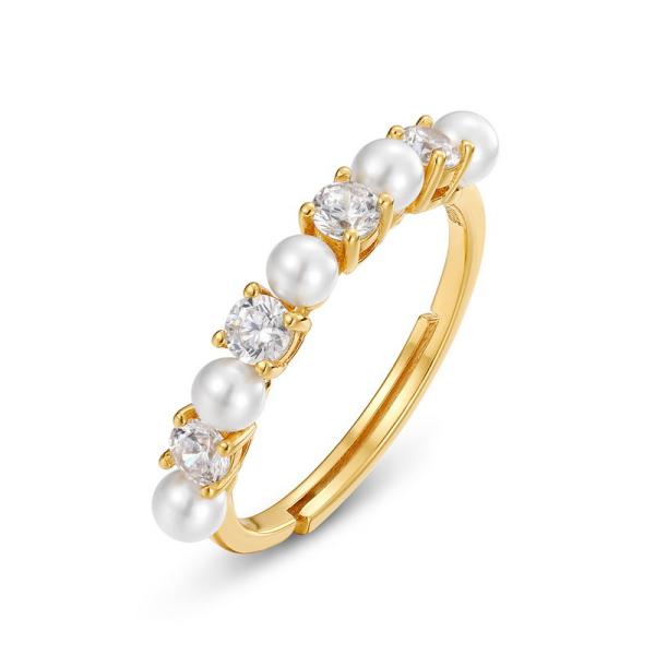 Gold Pearl and Cubic Zirconia Band Ring