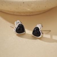 Silver Onyx Heart Stud Earrings