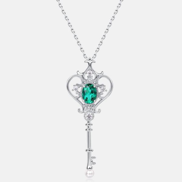 Silver Emerald Crown Key Pendant Necklace