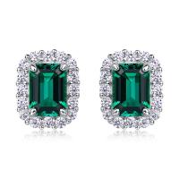 Emerald-Cut Halo Silver Stud Earrings