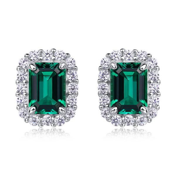 Emerald-Cut Halo Silver Stud Earrings
