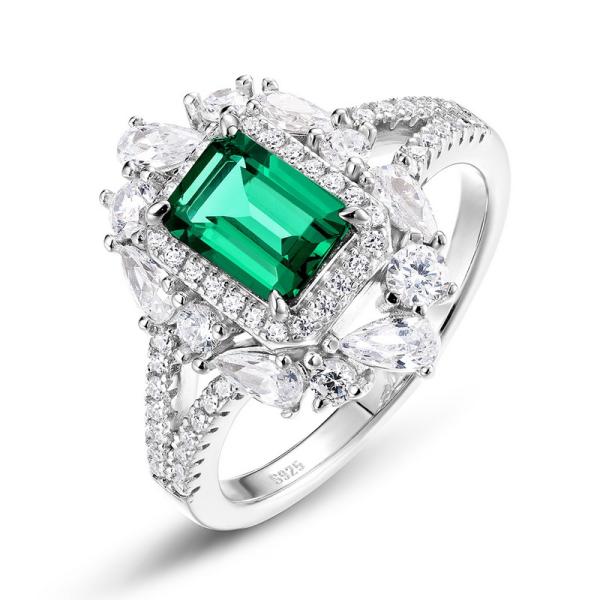 Emerald Prong Silver Statement Ring
