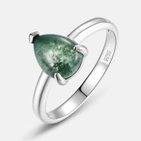 Teardrop Moss Agate Silver Solitaire Ring