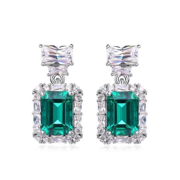 Emerald Geometric Silver Dangle Earrings
