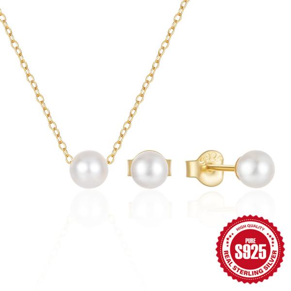 925 Silver Pearl Stud Earrings & Necklace Set