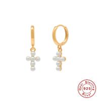 Gold-Tone Pearl Cross Huggie Earrings