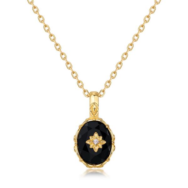 Gold Onyx Floral Pendant Necklace