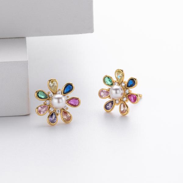 Gold Floral Multicolor Stud Earrings
