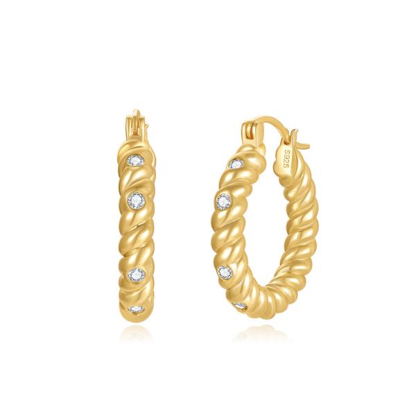 Gold-Plated Twisted Hoop Earrings with Crystals