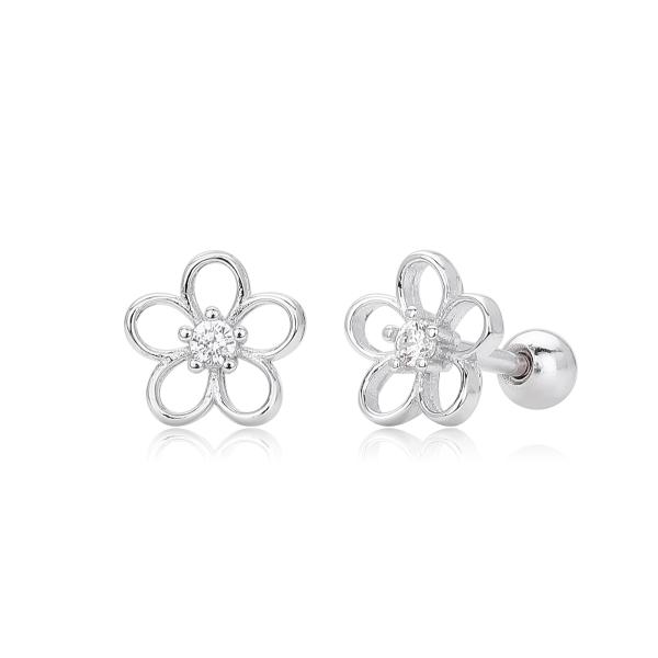 Silver-Tone Floral CZ Stud Earrings