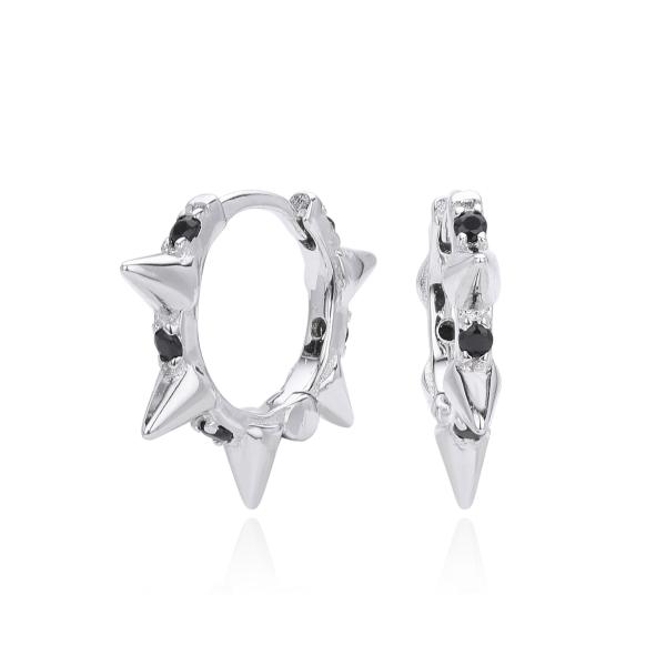 Silver Spike Huggie Earrings with Onyx
