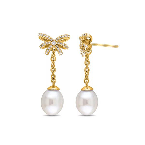 Gold Bow Pearl Dangle Earrings