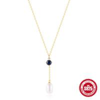 Gold-Plated Lariat Necklace with Sapphire and Pearl