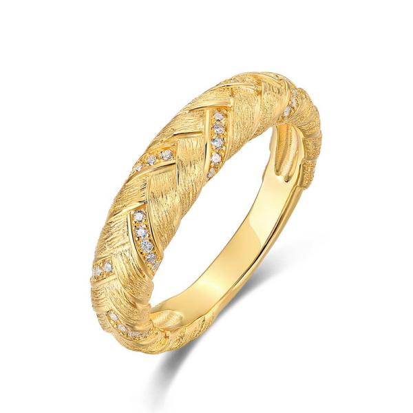 Gold Textured Band Ring with Pavé Cubic Zirconia