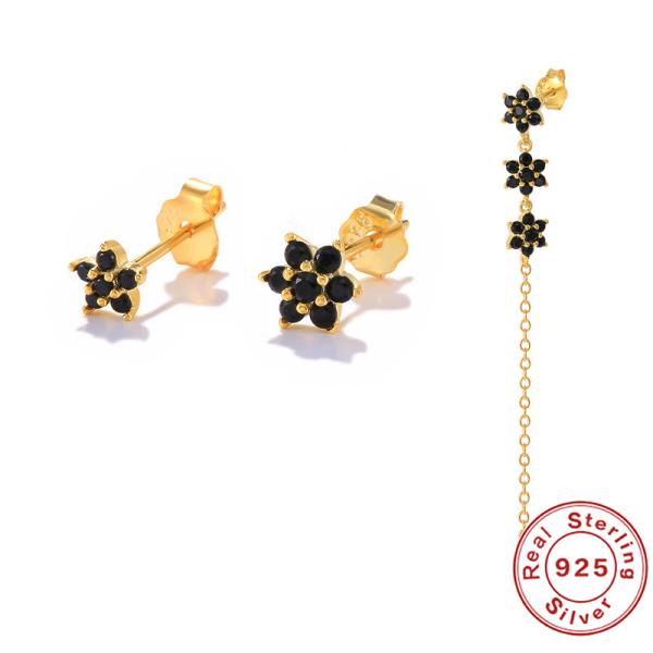 Gold Floral Stud Earrings with Chain