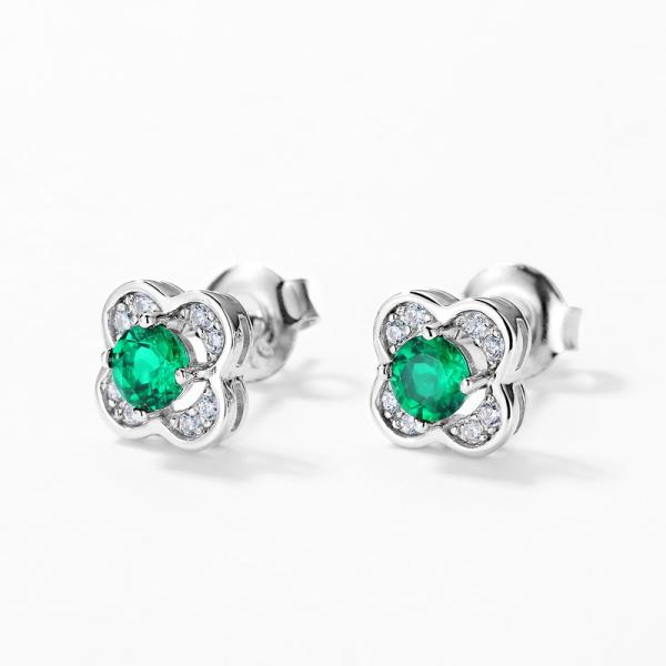 Emerald Floral Silver Stud Earrings