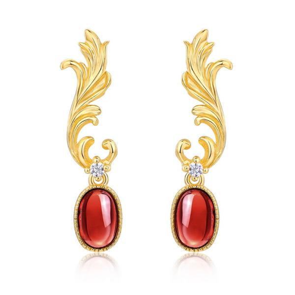 Gold Ruby Floral Dangle Earrings