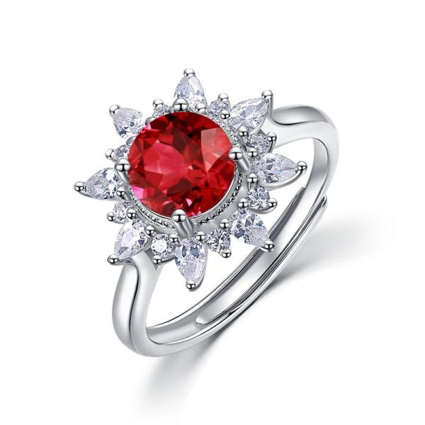 Ruby Floral Silver Ring