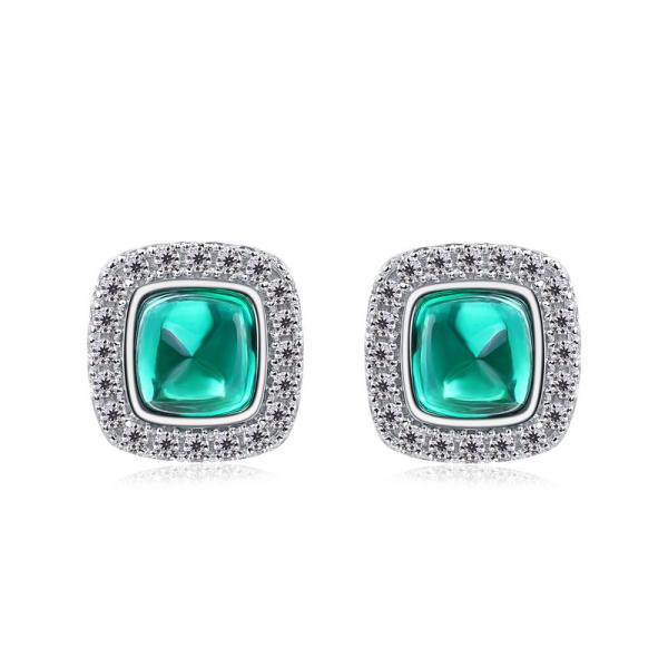Emerald Halo Silver Stud Earrings