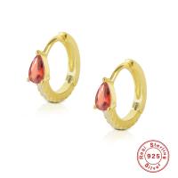 Gold-Plated Silver Huggie Earrings with Red Stone