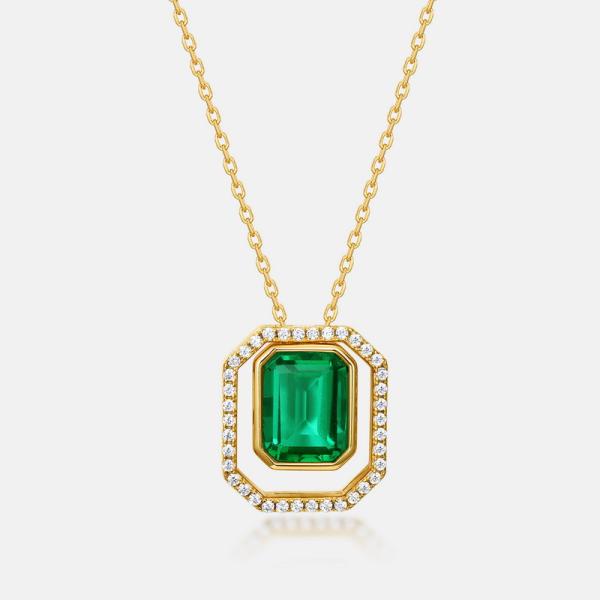 Gold Emerald Halo Pendant Necklace