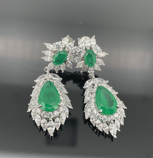 925 Silver Emerald Floral Dangle Earrings