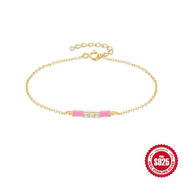 925 Silver Pink Enamel Gold Chain Bracelet