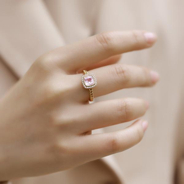 Pink Crystal Halo Gold Band Ring